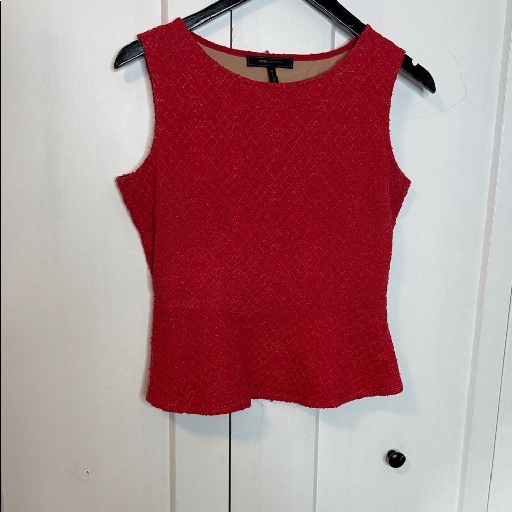 BCBGMaxAzria Fae Textured Red Berry Peplum Blouse - Sleeveless - Medium
